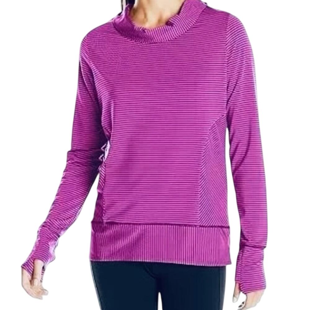 prAna Marin Pullover Plum Stripe Top M Yoga Cowl Neck Long Sleeve Thumbholes